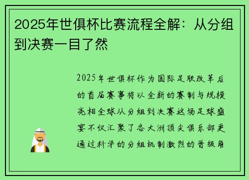 2025年世俱杯比赛流程全解：从分组到决赛一目了然