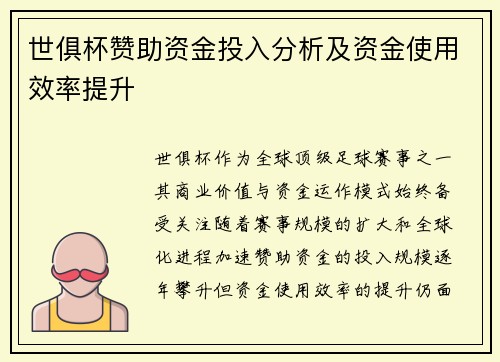 世俱杯赞助资金投入分析及资金使用效率提升